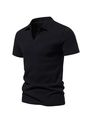 Men's black cotton blend polo shirt with notched collar and short sleeves.