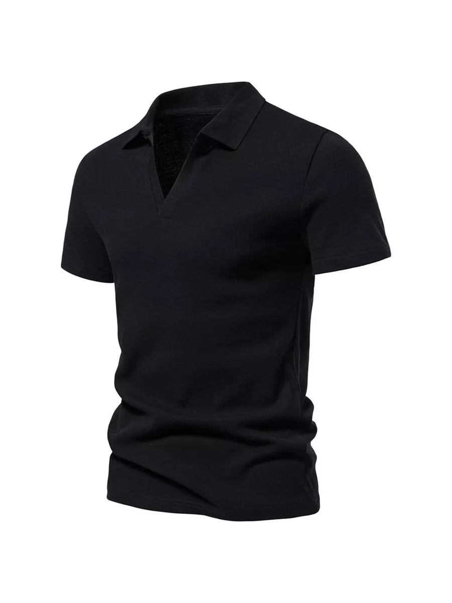 Men's black cotton blend polo shirt with notched collar and short sleeves.