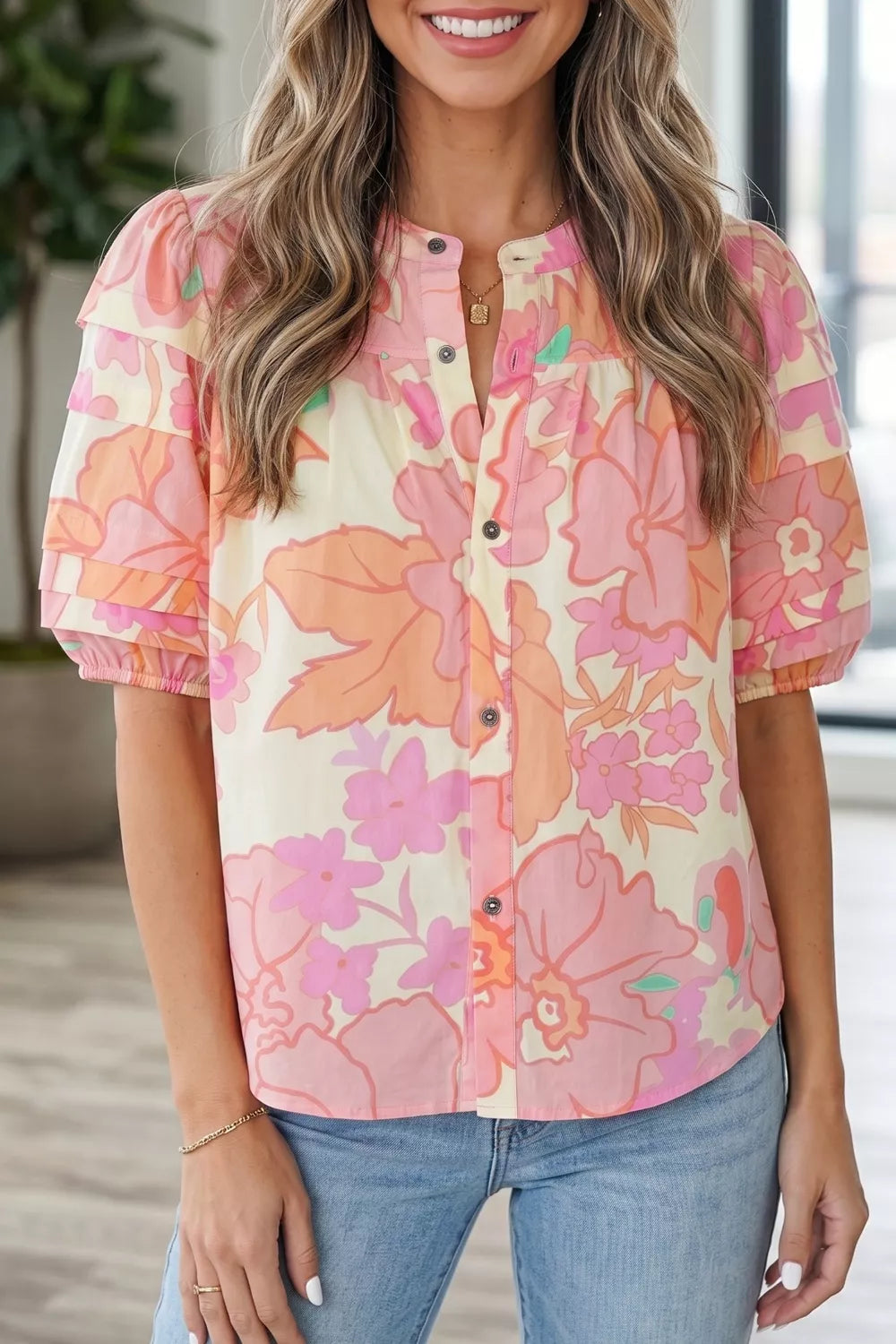Cotton band collar short sleeve shirt with a retro floral pattern in pink and orange.