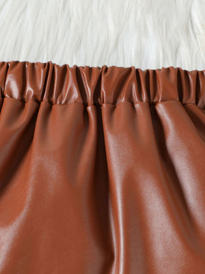 Brown faux leather toddler set with ruffled elastic waistband