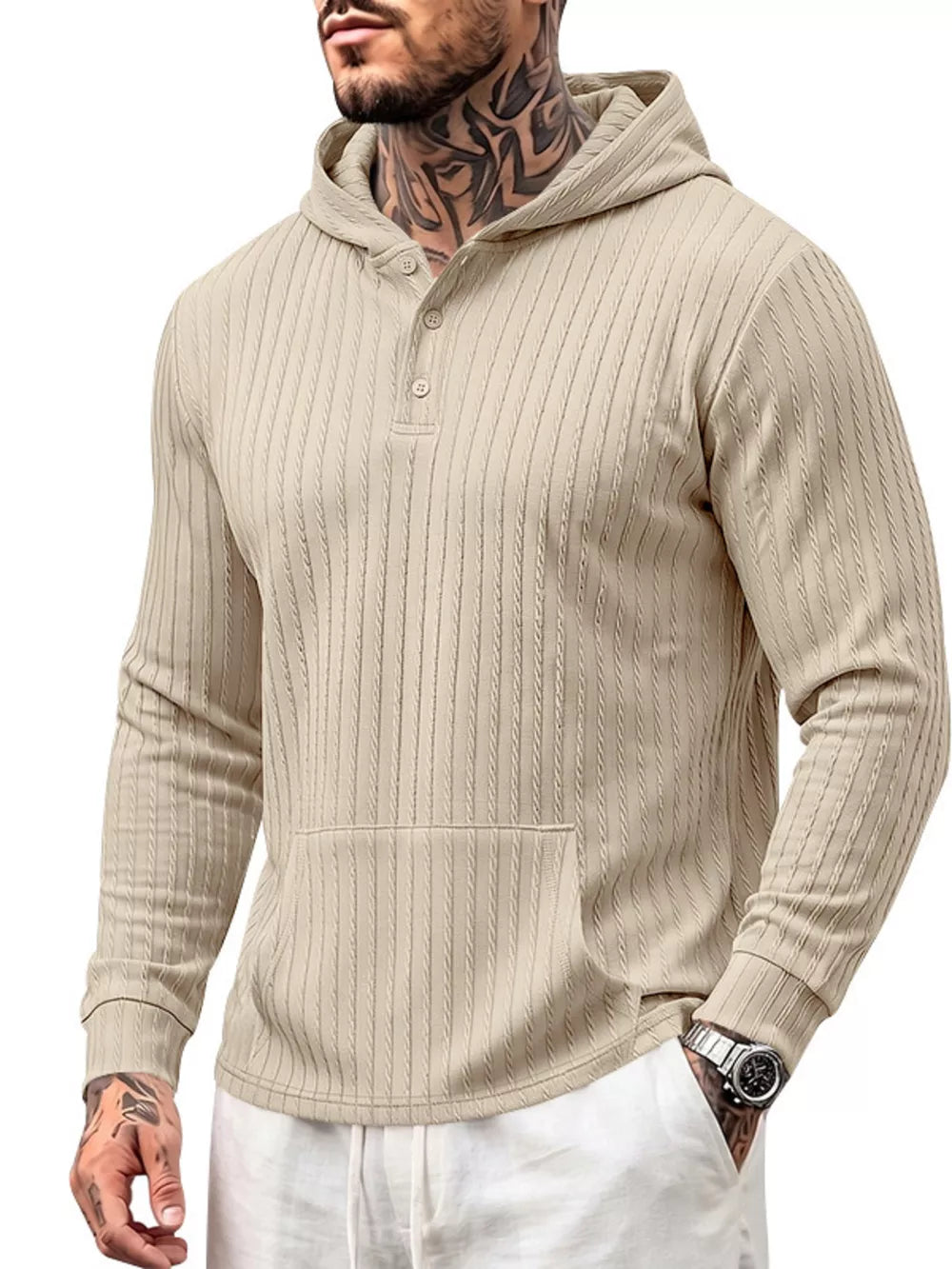 Khaki pullover hoodie with buttoned and long sleeve