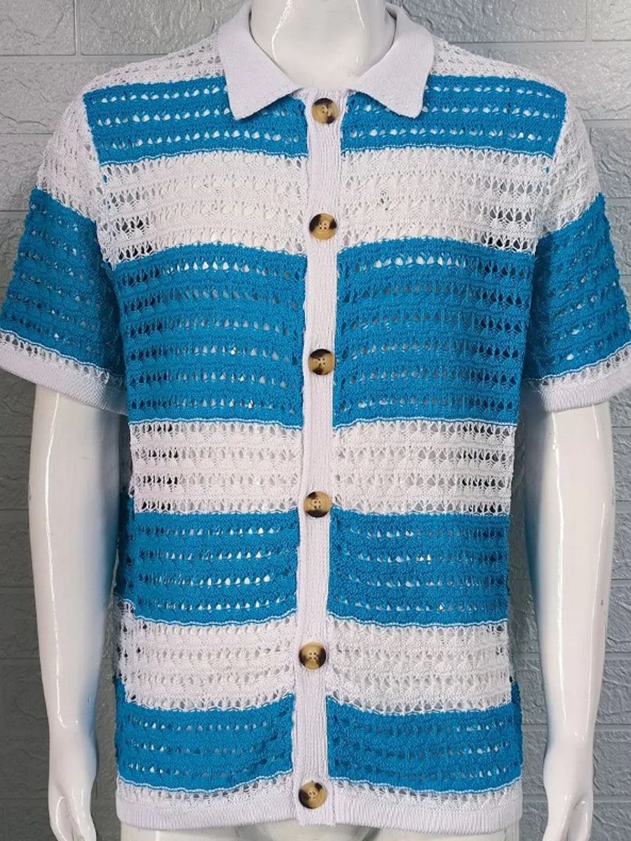 Striped crochet polo shirt in sky blue and white with button front and short sleeves.