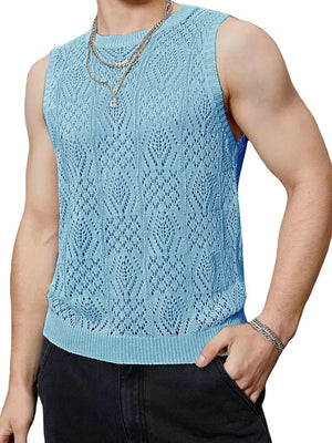 Pastel blue mesh knit muscle tee with diamond pattern and ribbed hem.