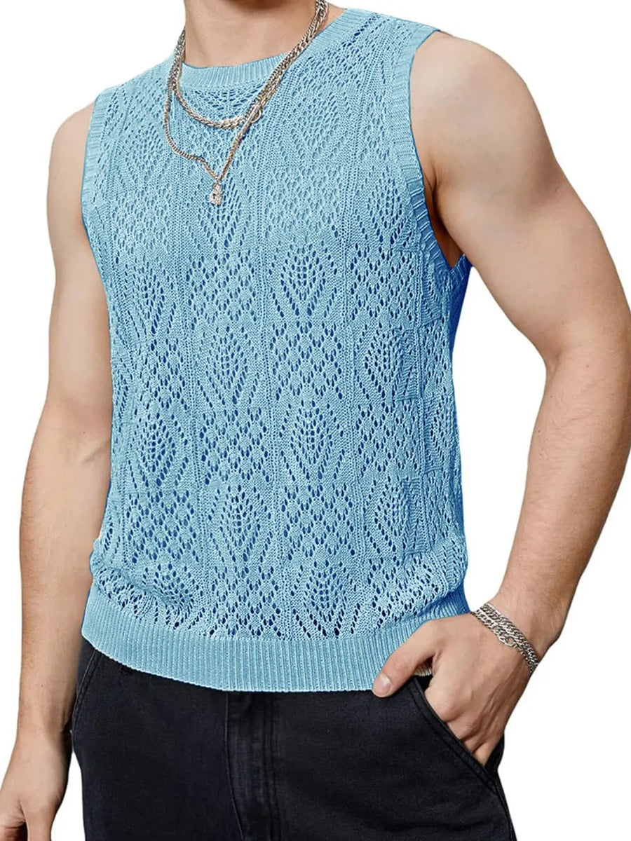 Pastel blue mesh knit muscle tee with diamond pattern and ribbed hem.