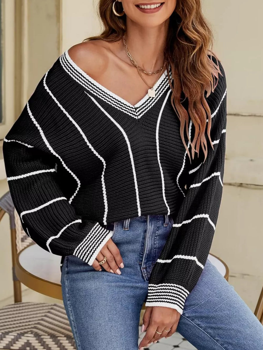 Gray V-neck Striped Contrast Sweater