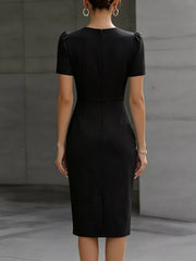Black midi dress with ruched waist, short sleeves, and a back zipper.