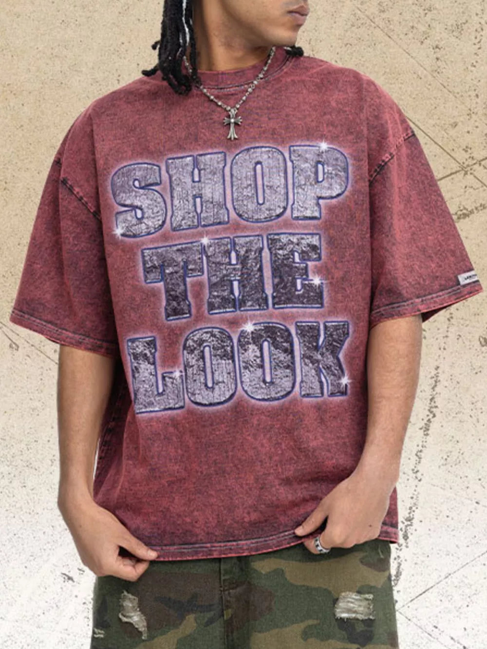 Burgundy acid-wash cotton t-shirt with "SHOP THE LOOK" graphic print