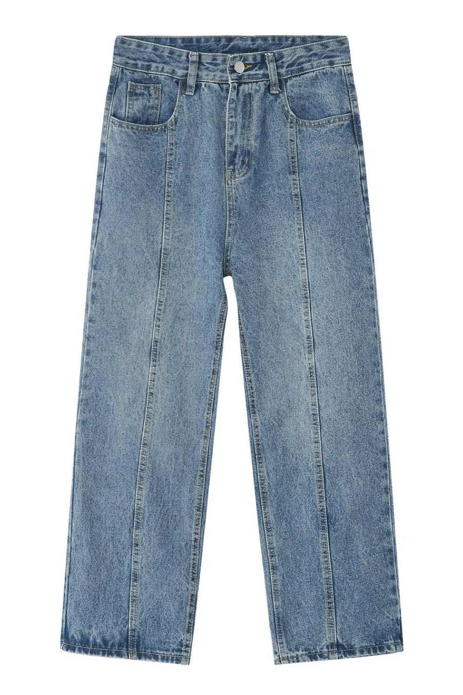 Medium wash denim jeans with vertical seam detail and straight leg cut.