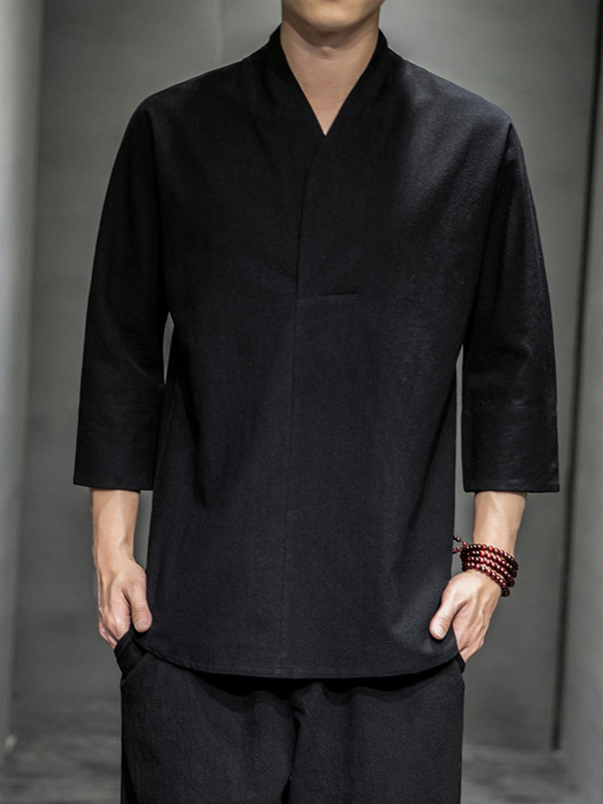Black relaxed fit 3/4 sleeve men's undershirt with V-neck
