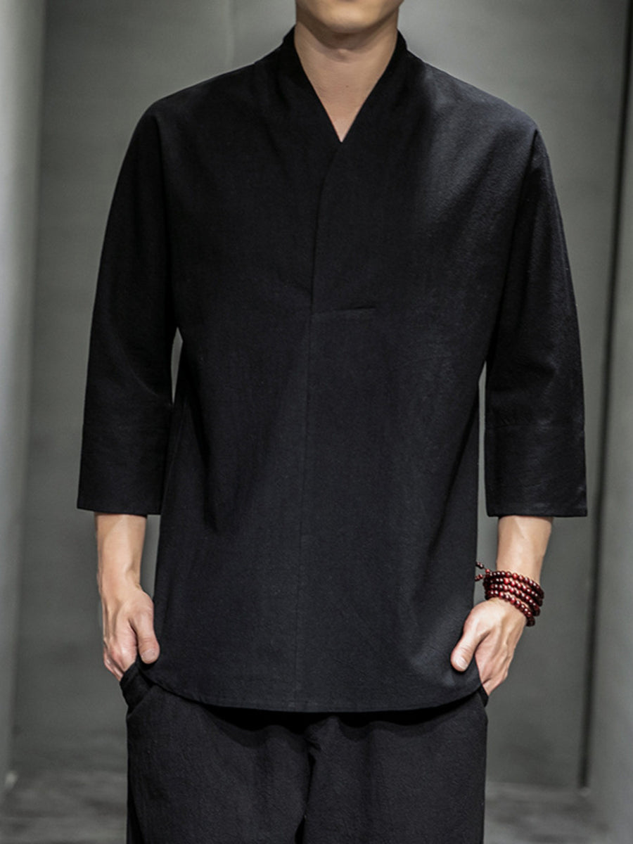 Black relaxed fit 3/4 sleeve men's undershirt with V-neck