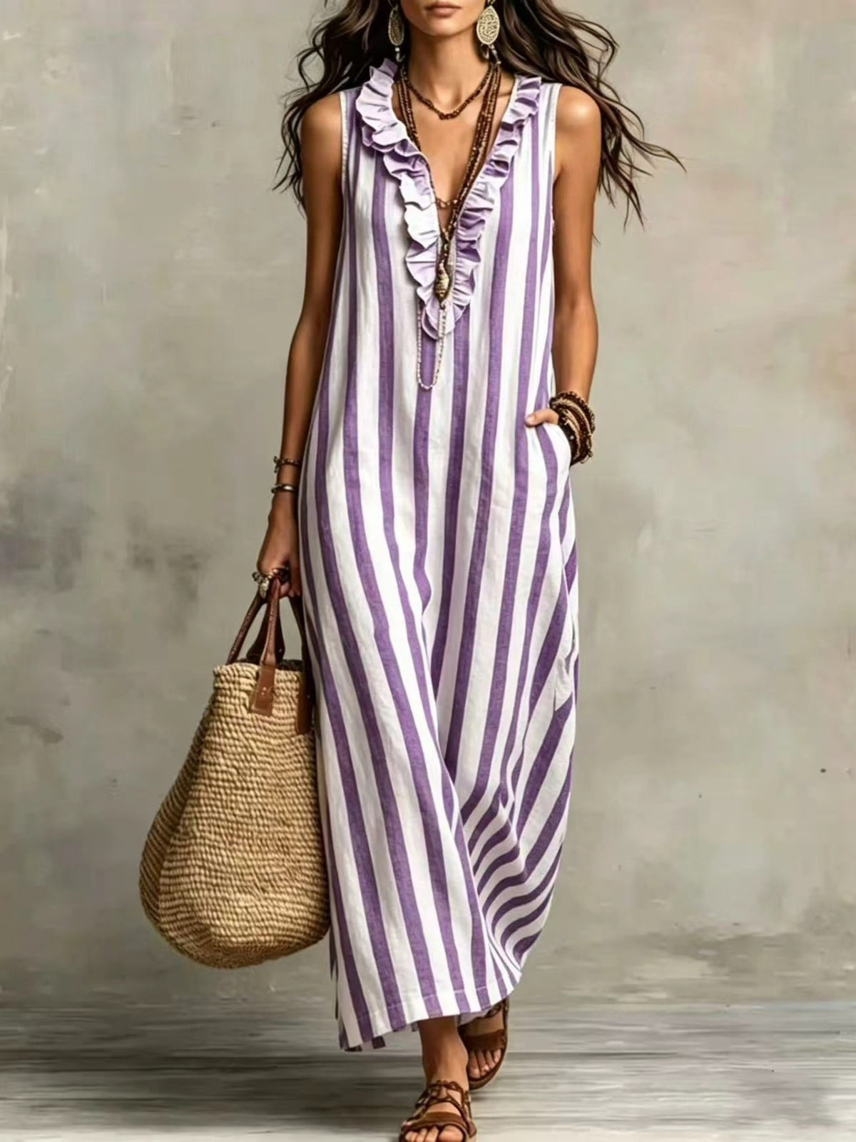 maxi dress in Blue with striped and pocketed