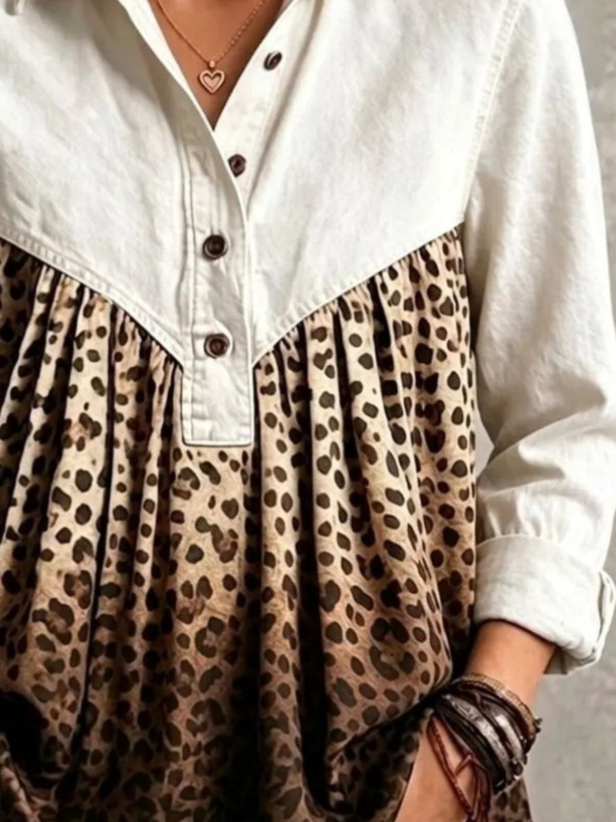 Full Size Leopard Button Detail Blouse Plus Size in Light Blue