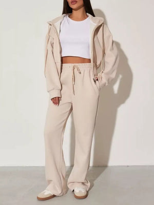 Zip-up Hoodie And Wide-leg Pants Set in Apricot