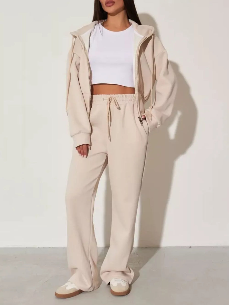 Zip-up Hoodie And Wide-leg Pants Set in Apricot