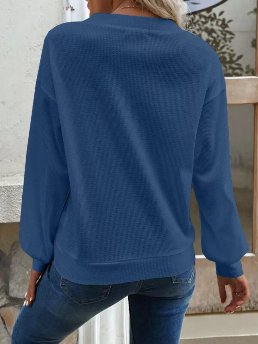 Casual V-neck Waffle Long Sleeve Top in White, view 12