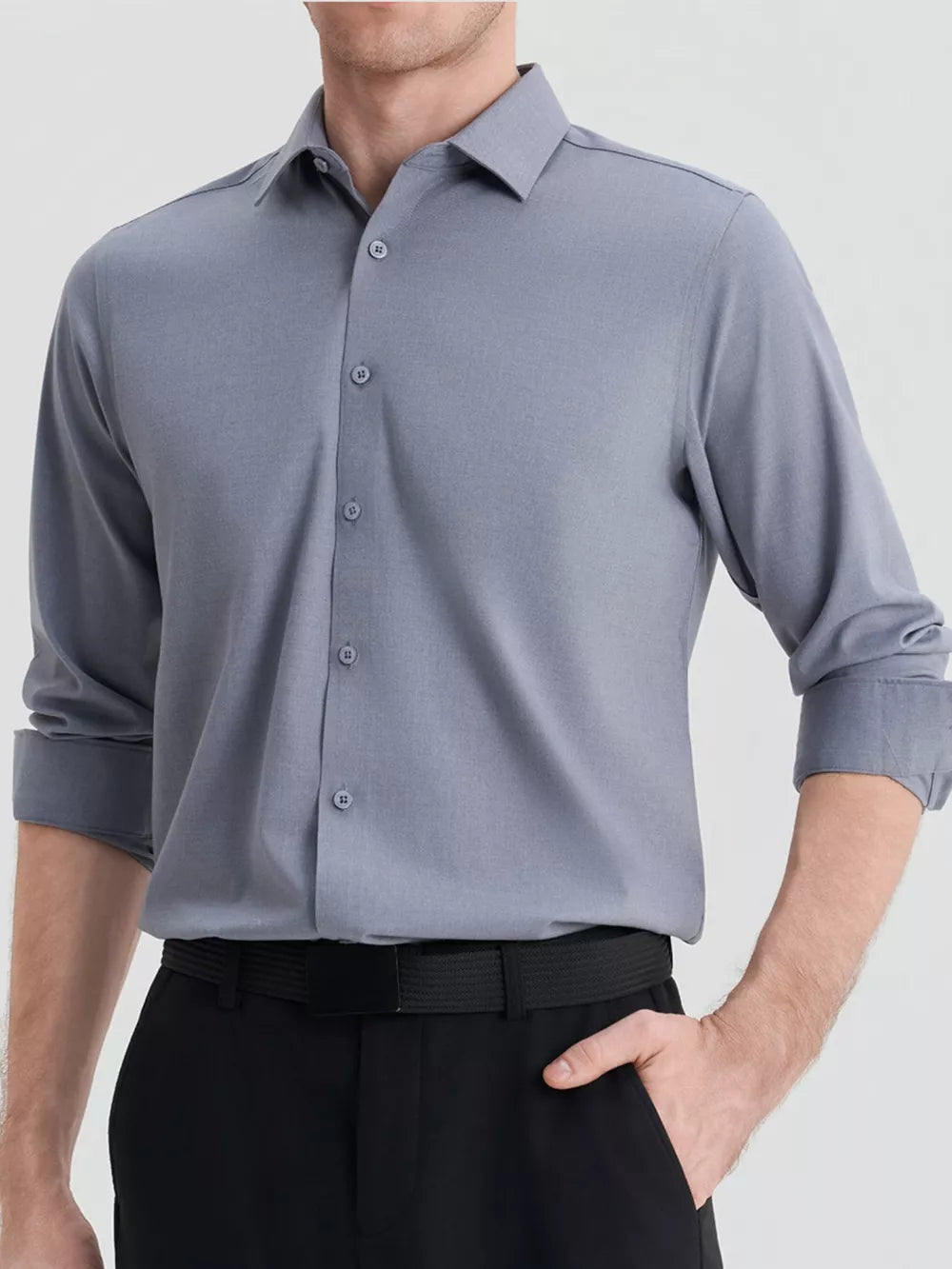 Men's light gray slim fit long sleeve button-down shirt with a spread collar.
