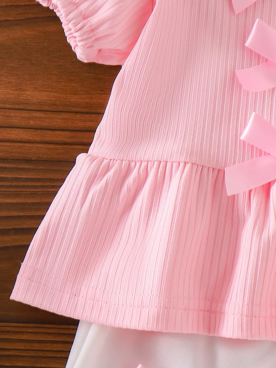Pink with Children's Ribbed Bow Top And Shorts Set in Pink
