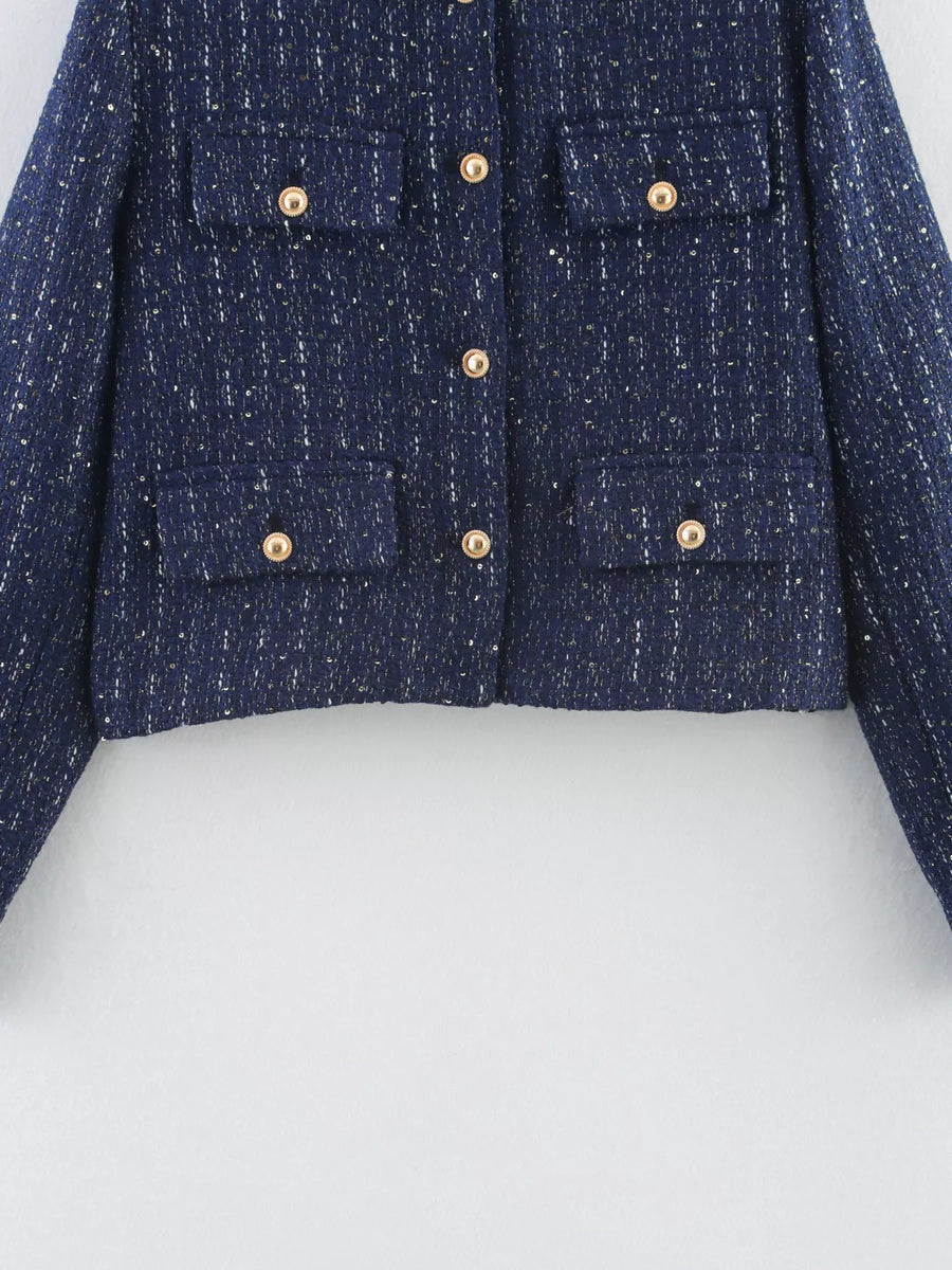 Dark blue cropped tweed button-up jacket with gold buttons and chest pockets.