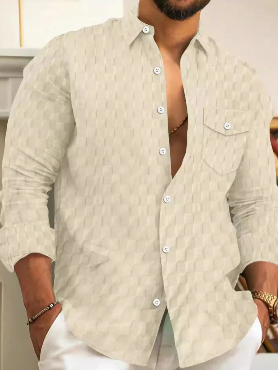 Textured cotton button-up shirt in Khaki with a subtle geometric pattern and two chest pockets.