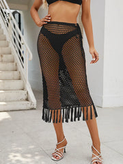 Sheer Crochet Knit Swim Cover-up Skirt With Fringe in Black