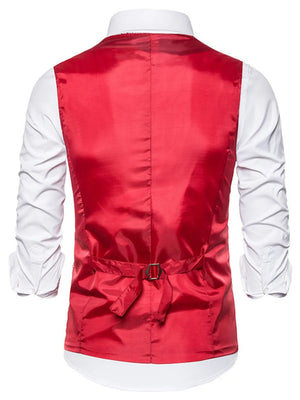Men's red satin vest with adjustable back strap, worn over white shirt.
