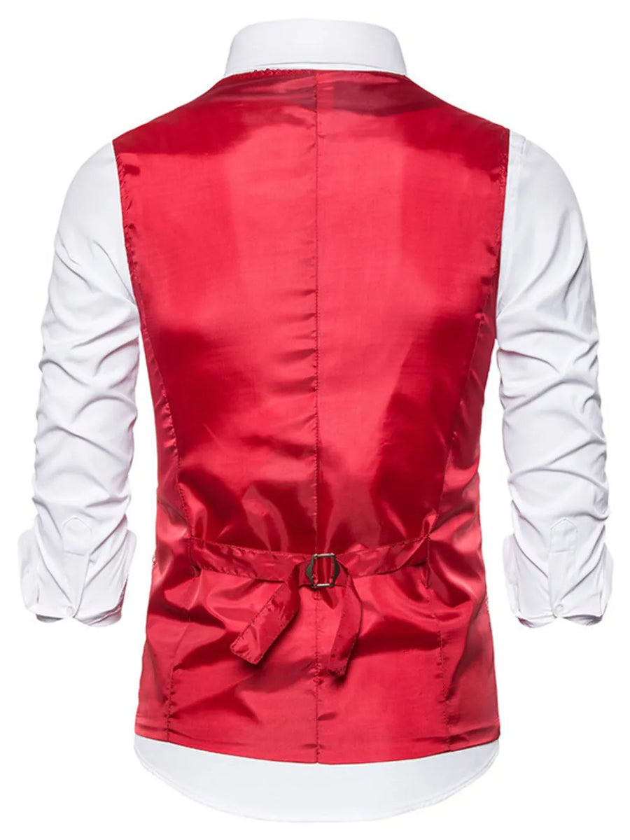 Men's red satin vest with adjustable back strap, worn over white shirt.