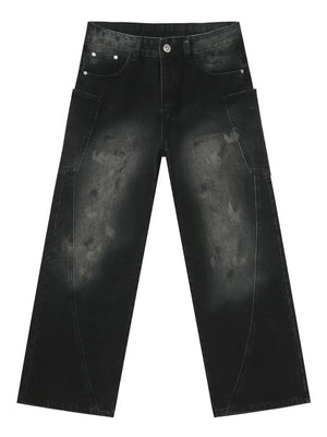 Dark wash wide leg denim jeans with faded details and cargo pockets.