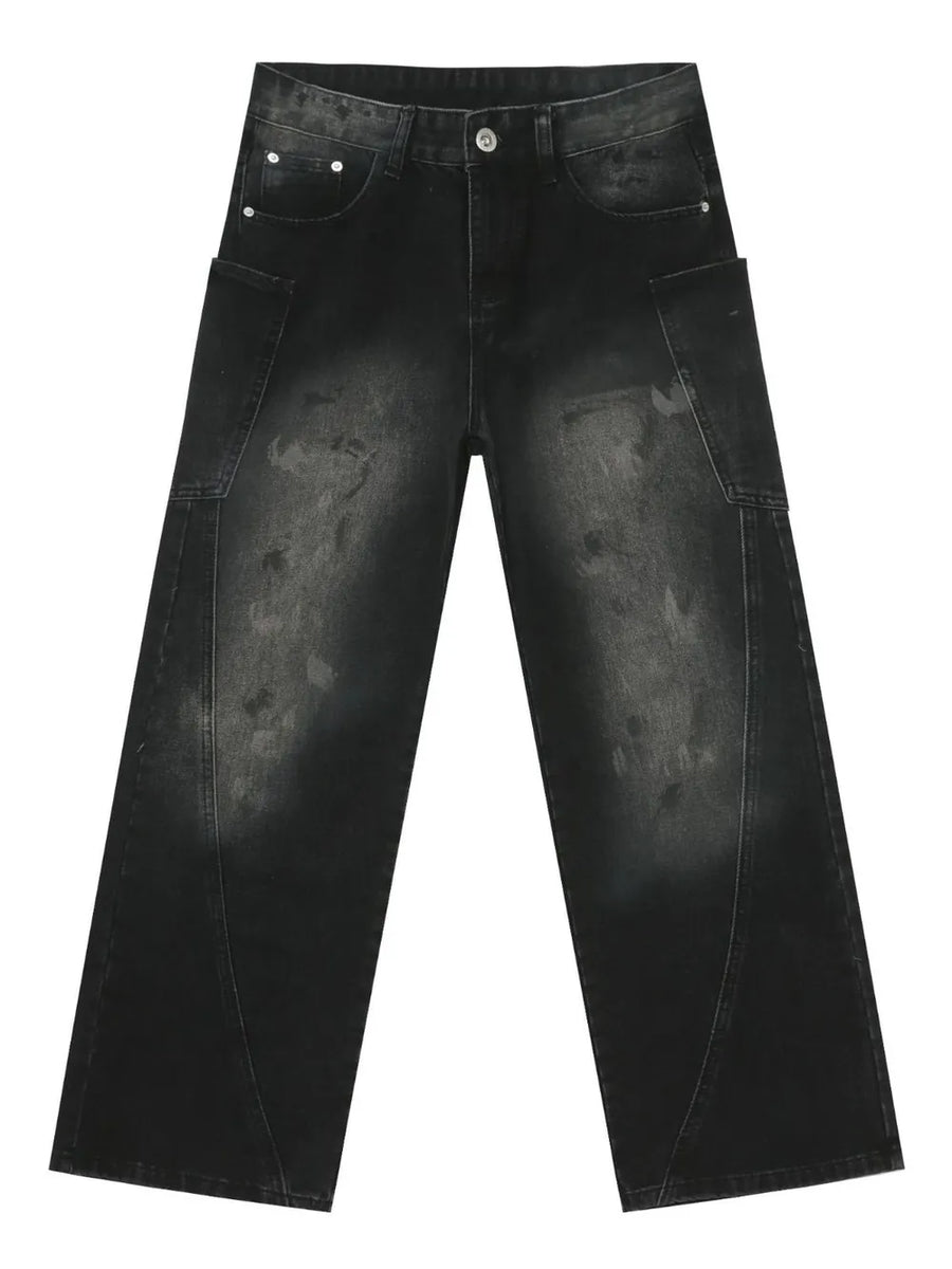 Dark wash wide leg denim jeans with faded details and cargo pockets.