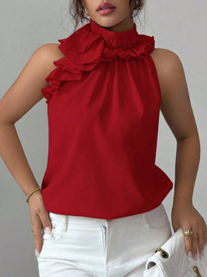Ruffled high neck sleeveless top in Red