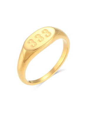 18K Gold-Plated 333 Number Signet Ring in gold with engraved detail