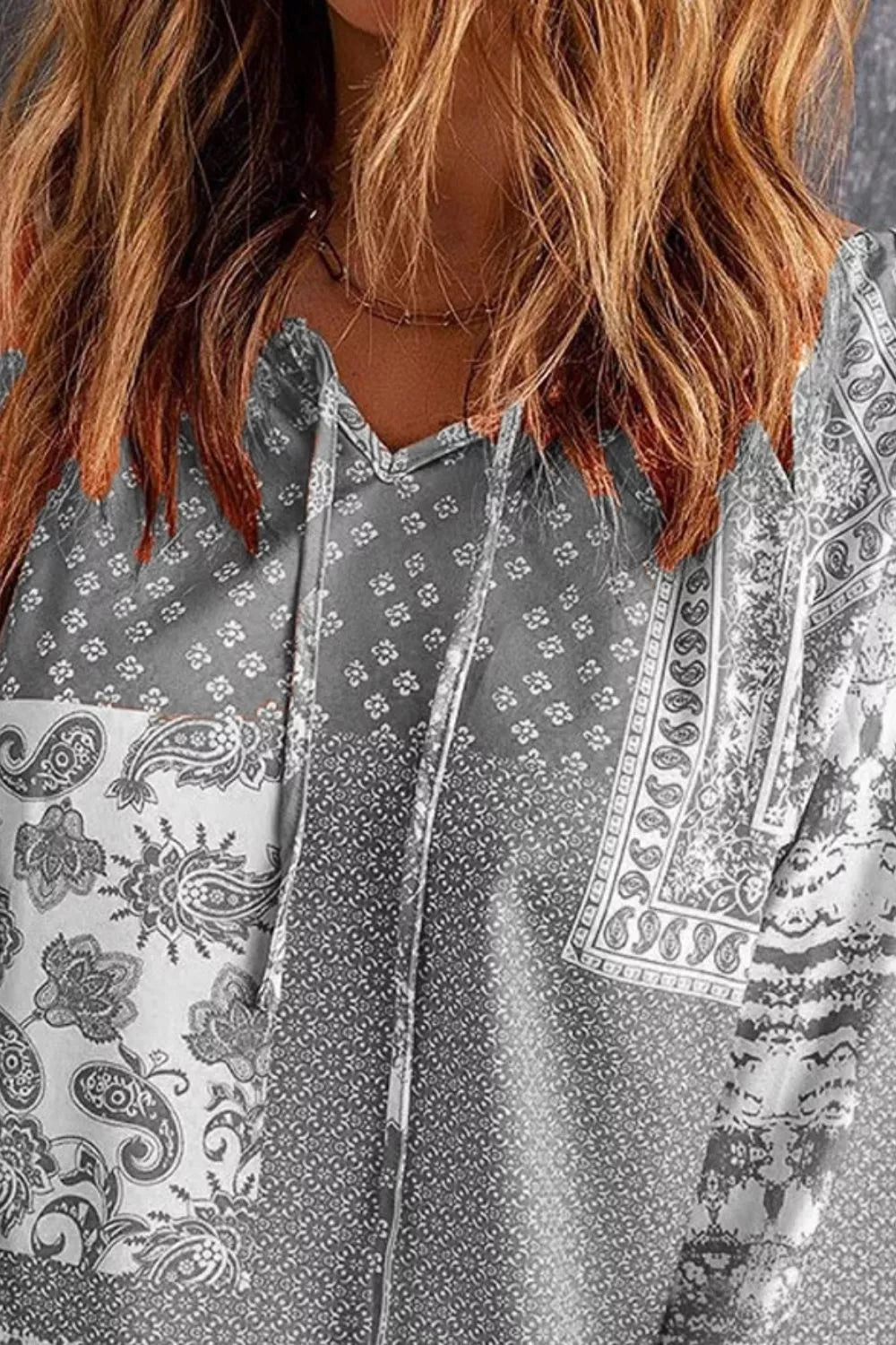 Plus Size Paisley Print Tie-neck Blouse in Sky Blue with tied