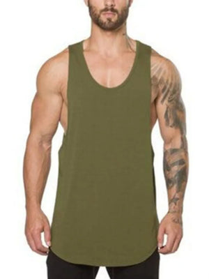 Scoop neck muscle tank top in moss green with a curved hem.