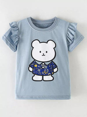 Light blue cotton t-shirt with ruffled sleeves and a playful white bear graphic wearing a floral shirt.