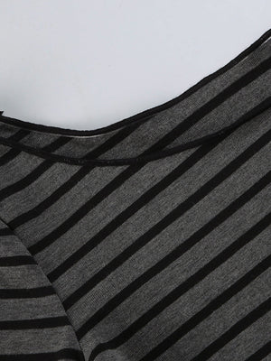 Gray and black striped t-shirt with boat neck and stretchy knit fabric.