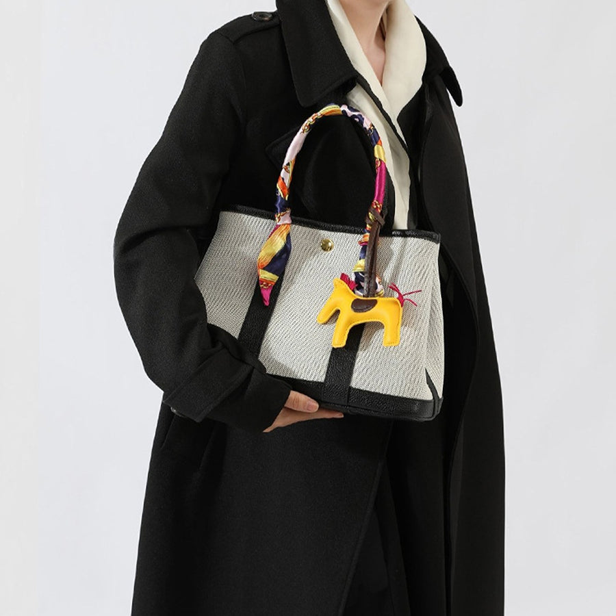 Canvas Tote Bag With Silk Scarf & Horse Charm in off-white with top handles