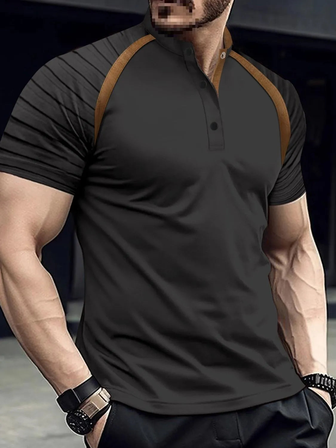 Black polo shirt with contrast brown raglan sleeves and mandarin collar
