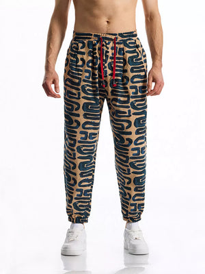 Red with Men's Full Size Printed Drawstring Casual Pants