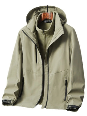 Khaki hooded zip jacket with fleece inner layer and black zipper details.
