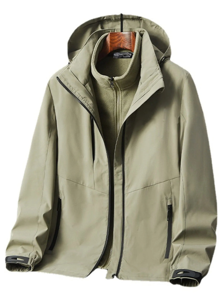 Khaki hooded zip jacket with fleece inner layer and black zipper details.