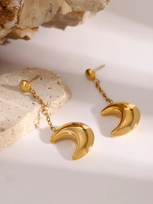 Gold celestial crescent drop earrings with chain detail