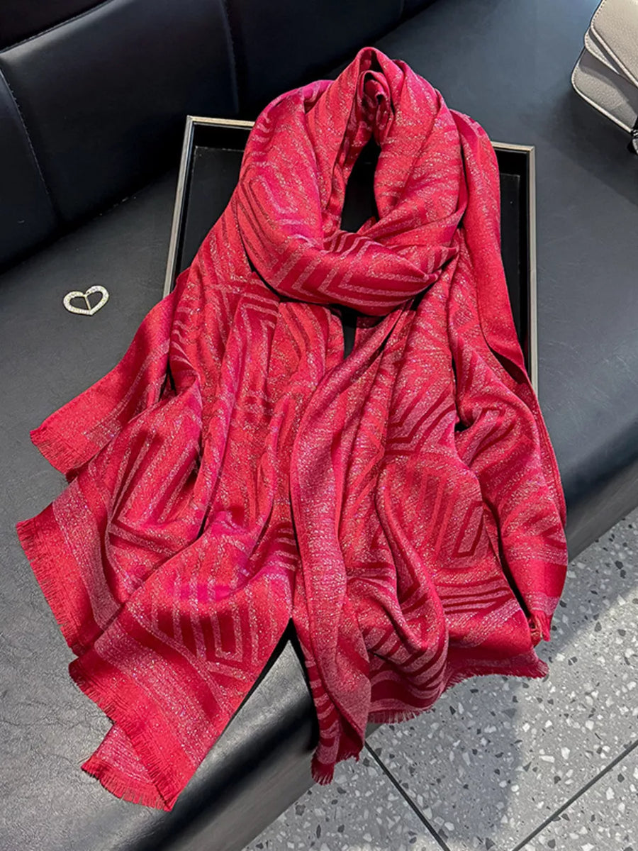 Red Tencel cotton scarf with geometric pattern and fringe detail