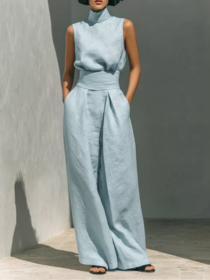 Grey Sleeveless Wide-leg Jumpsuit With Smocked Waist