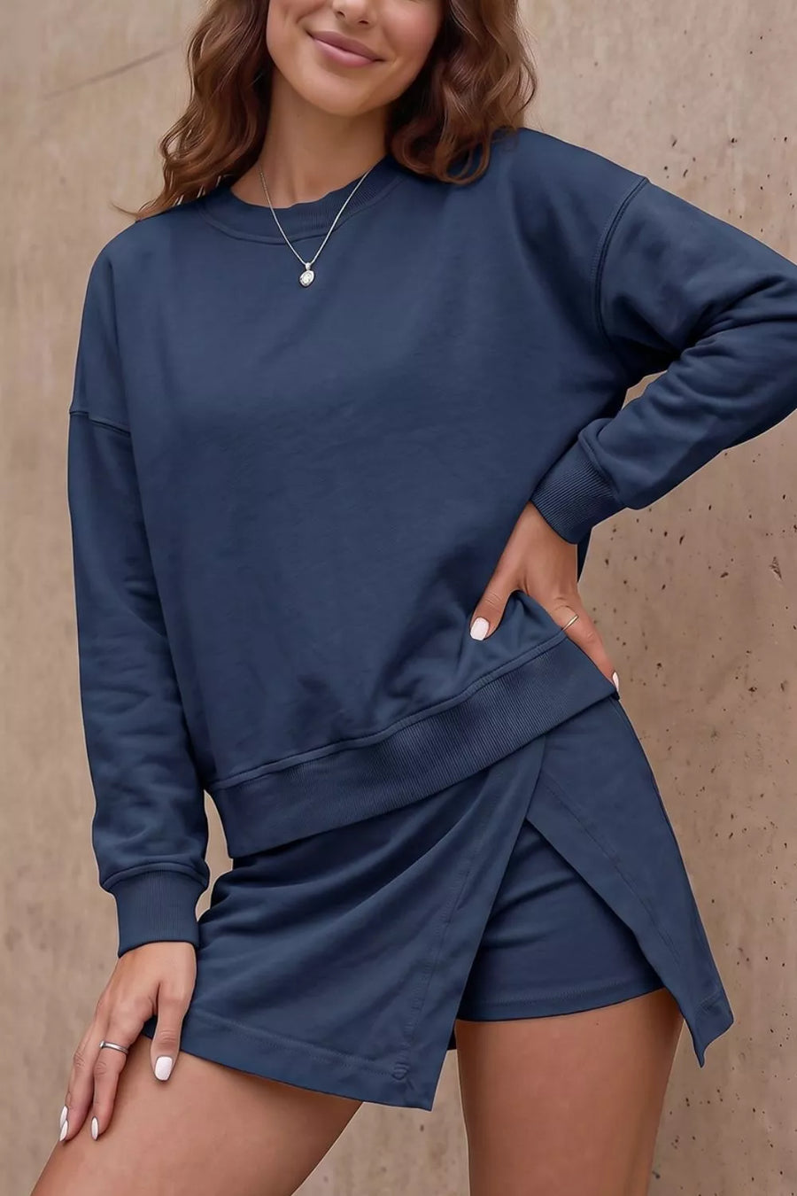 athleisure lounge set in Navy with crew neck