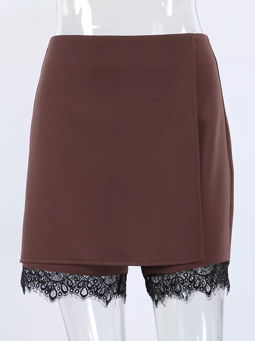 High-waisted Lace Hem Skort in Brown with lace