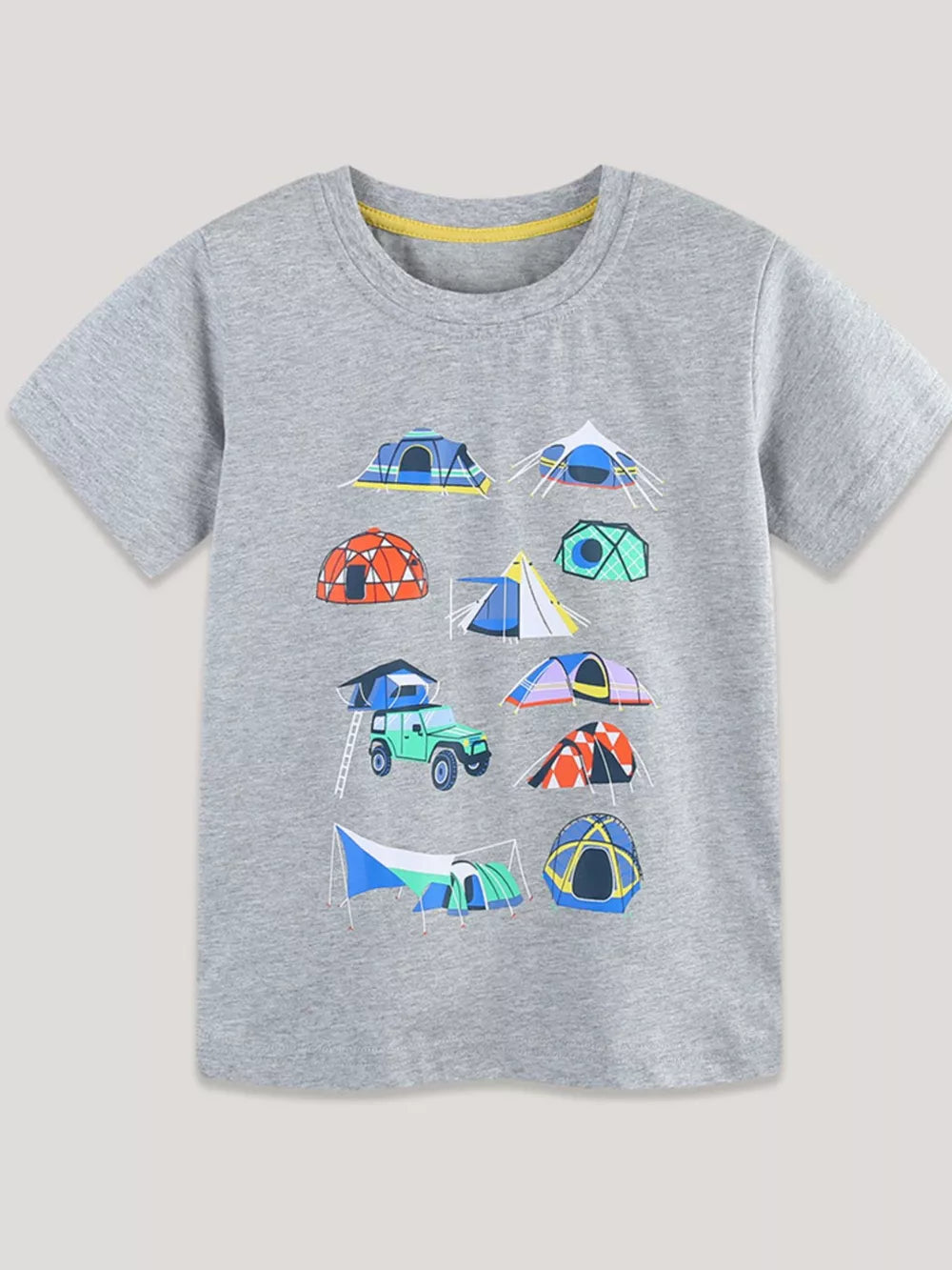 Grey cotton t-shirt for kids with a colorful camping graphic featuring tents and a vehicle.