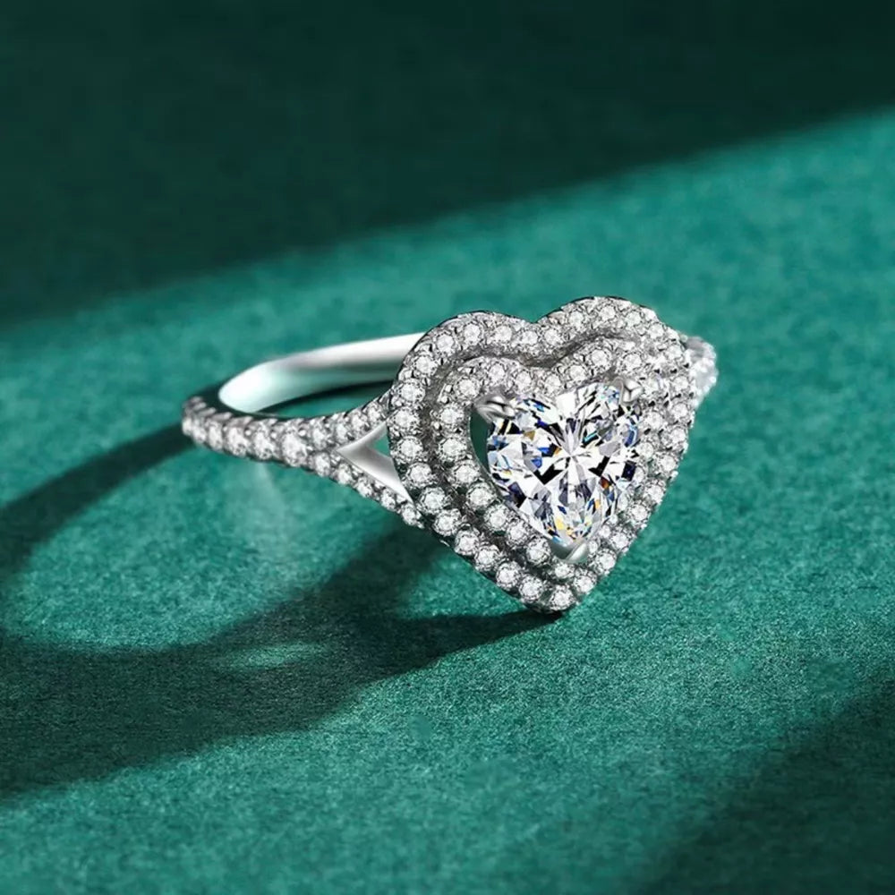 Heart moissanite ring with double halo in silver, adjustable band