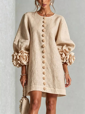 3d Floral 3/4 Sleeve Mini Dress in Black with applique