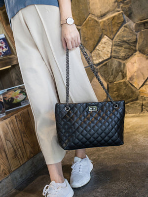 black PU Leather Imported Size &amp crossbody bag with quilted and turn-lock