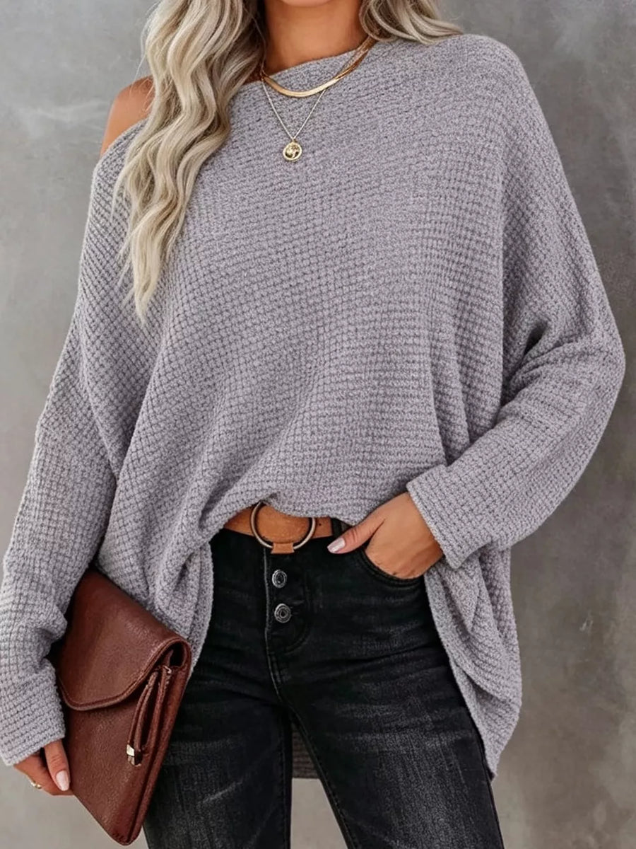 Brown with One-shoulder Waffle Knit Top in Brown
