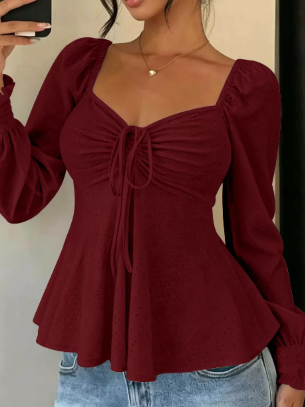 Purple peplum top with ruched and long sleeve